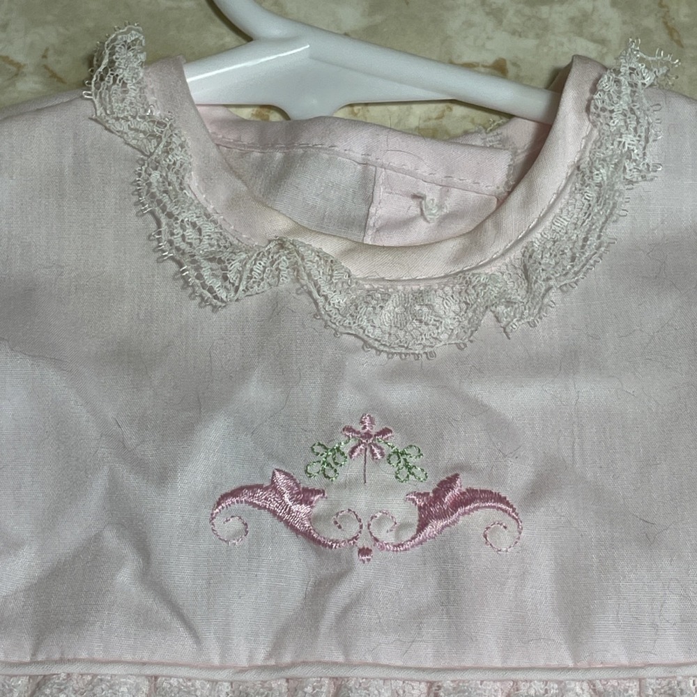 Alexis Full piece romper pink white lace ruffle ruffled butt 6 months 13-16 lbs.